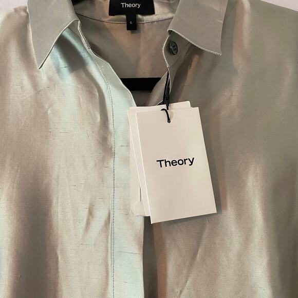 NWT Theory Silk Ice Gray Shantung Twill Button Down A-Line Mini Dress Women's 6 - Picture 4 of 16